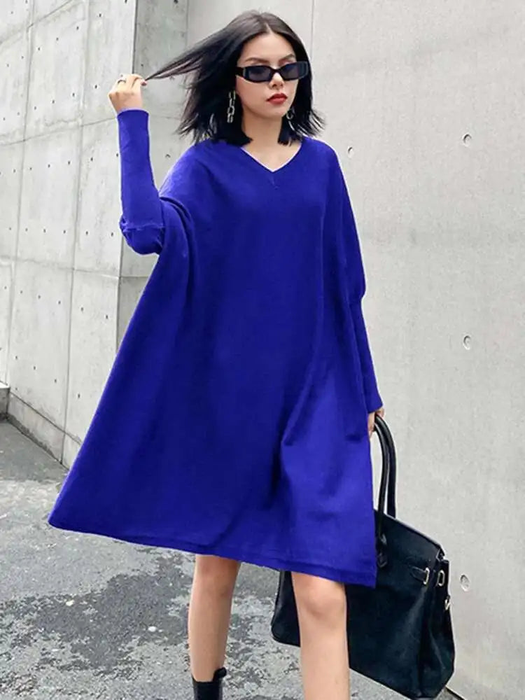 Women Blue Knitting Big Size Mini Dress New V-Neck Long Batwing Sleeve Loose Fit Fashion Tide Spring Autumn 2025 1DF9758