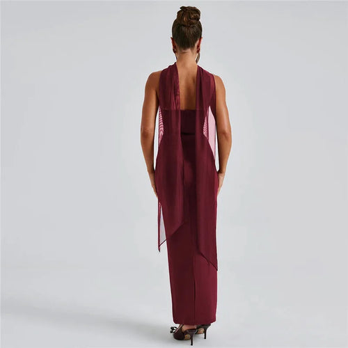 Load image into Gallery viewer, Strapless Backless Sexy Maxi Dress For Women Burgundy Mesh Sleeve Off-shoulder Bodycon Club Party Evening Long Dress
