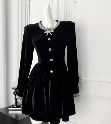Retro Fashion Women Black Velvet Diamond Long Sleeved Bow Party Evening Short Dress Autumn Winter High Waist Pleated Mini Dress