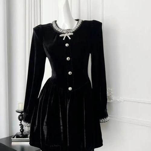 Load image into Gallery viewer, Retro Fashion Women Black Velvet Diamond Long Sleeved Bow Party Evening Short Dress Autumn Winter High Waist Pleated Mini Dress
