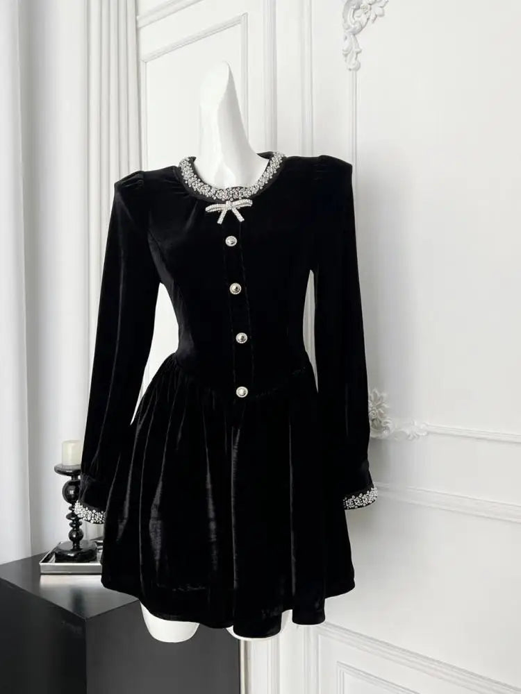Retro Fashion Women Black Velvet Diamond Long Sleeved Bow Party Evening Short Dress Autumn Winter High Waist Pleated Mini Dress