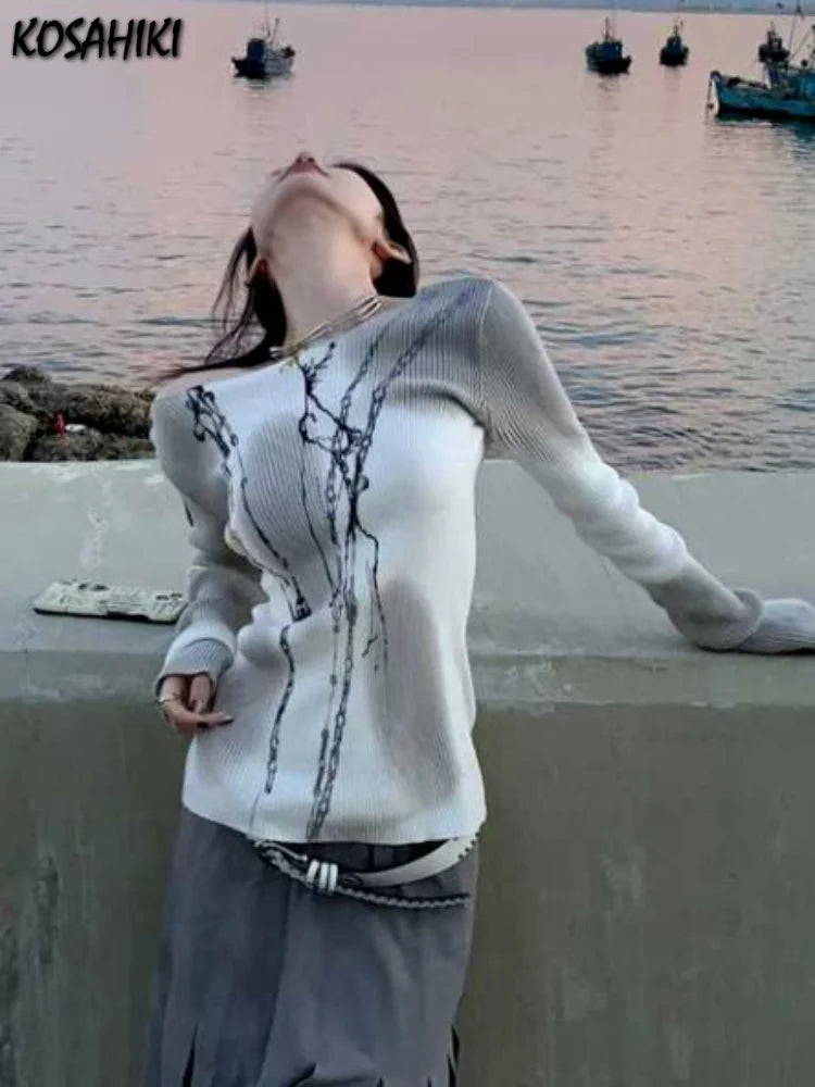 Japanese Harajuku Sweaters Women Casual Loose Knitted Pullover Chain Letter Patchwork Print Streetwear Vintage Aii Match Jumper