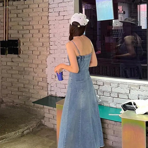 Load image into Gallery viewer, Vintage Sleeveless Backless Denim Long Dress Women Hot Summer High Waist Sexy Ladies Dresses Party Club Trendy Womens Clothes
