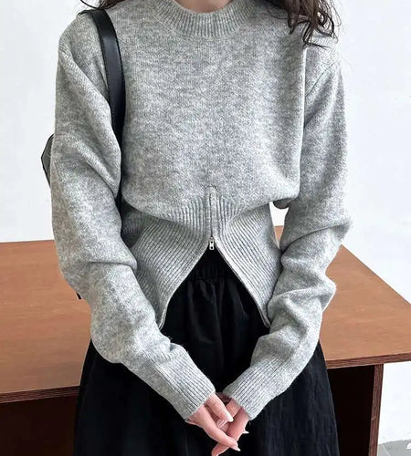 Gray Hen Zipper Big Size Knitting Sweater Round Neck Long Sleeve Women Pullovers New Fashion Spring Autumn 2025 1DH1073