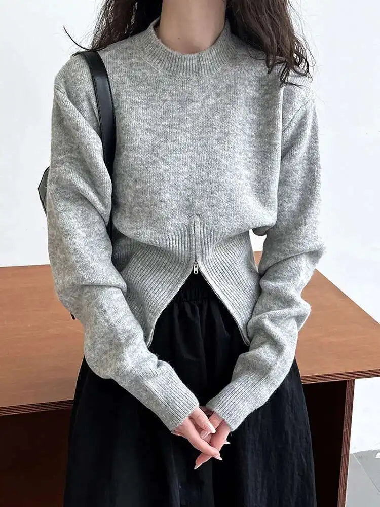Gray Hen Zipper Big Size Knitting Sweater Round Neck Long Sleeve Women Pullovers New Fashion Spring Autumn 2025 1DH1073