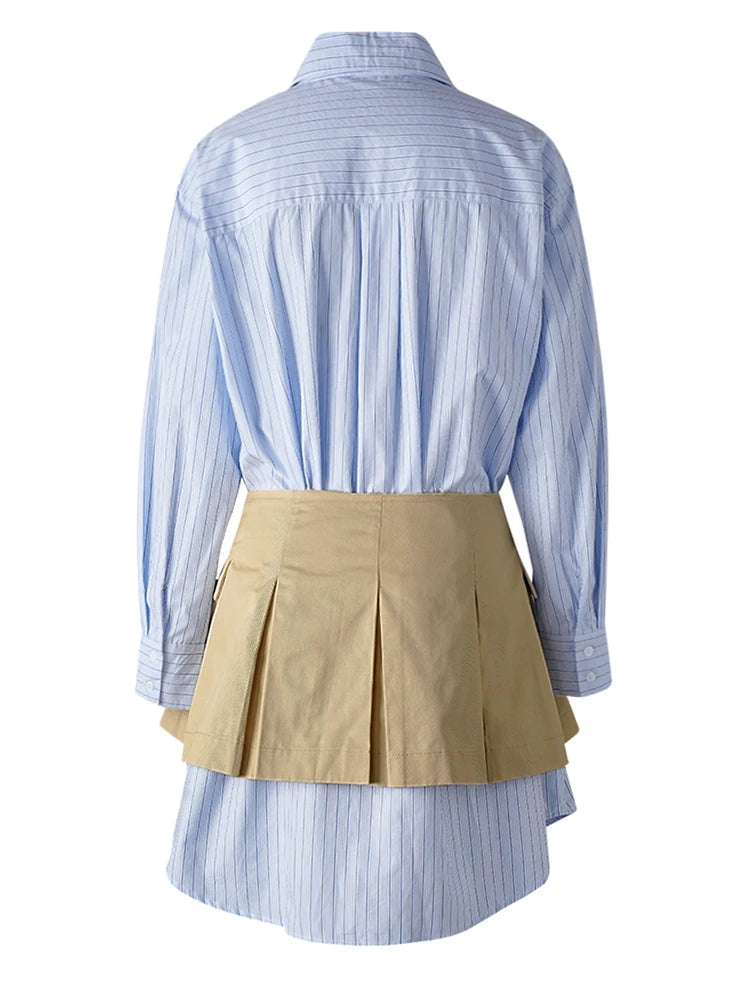 Women Blue Striped Pleated Elegant Big Size Blouse New Lapel Long Sleeve Shirt Fashion Tide Spring Autumn 2025 7AB1822