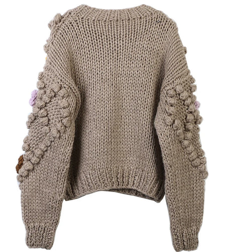 Fall Winter Women's Sweater O Neck Long-sleeved Flower Splicing Loose Retro Knitted Cardigan Thick Warm Sweaters Top  C-266