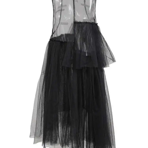 Load image into Gallery viewer, Women Black Irregular Ruffles Mesh Elegant Perspective Dress New Round Neck Sleeveless Fashion Spring Summer 2025 CPDB108
