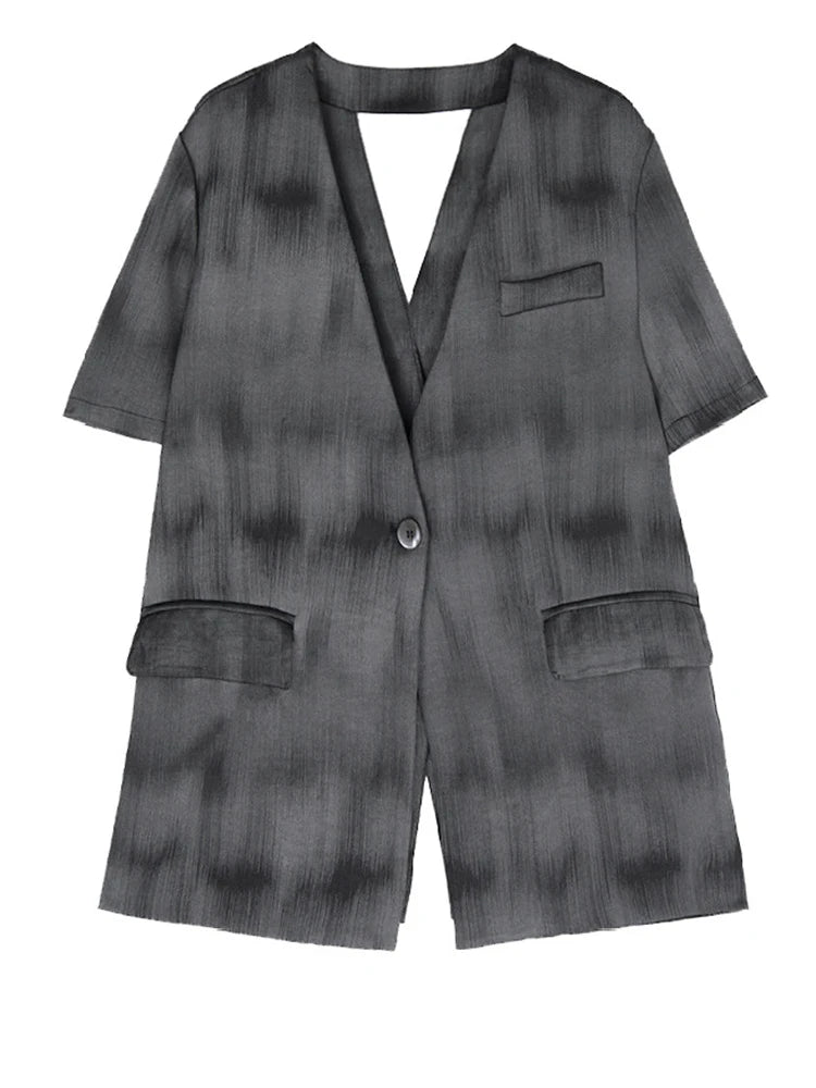 Gray Hollow Out Blazer Half-body Skirt Two Pieces Suit New V-Neck Short Sleeve Women Fashion Spring Autumn 2025 1DJ0789