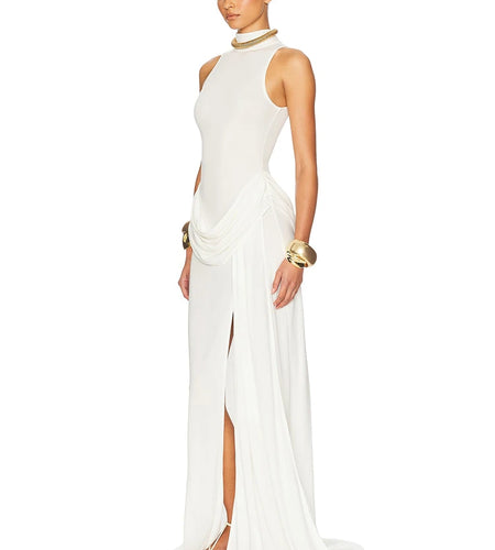 Summer Split Maxi Tank Dress Women Gown Fashion Solid Elegant High Waist Ruched Slim Evening Club Party Long Dress