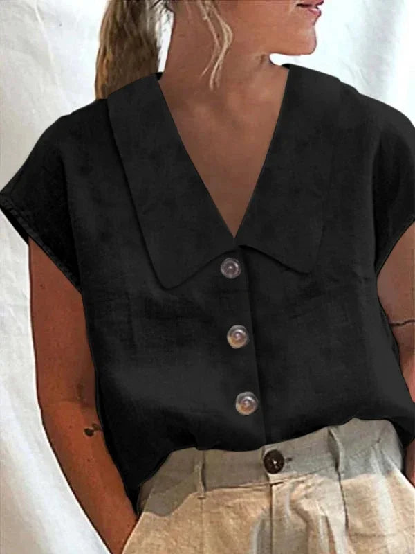Women Summer Casual T Shirts for Women 2025 Linen Cotton Buttoned Lapel Cap Short Sleeves Womens Basic Tee Shirts