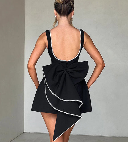 Pearl Bow Backless Sexy Mini Dress For Women Robe Fashion Zipper Sleeveless High Waist A-line Club Party Dress Elegant