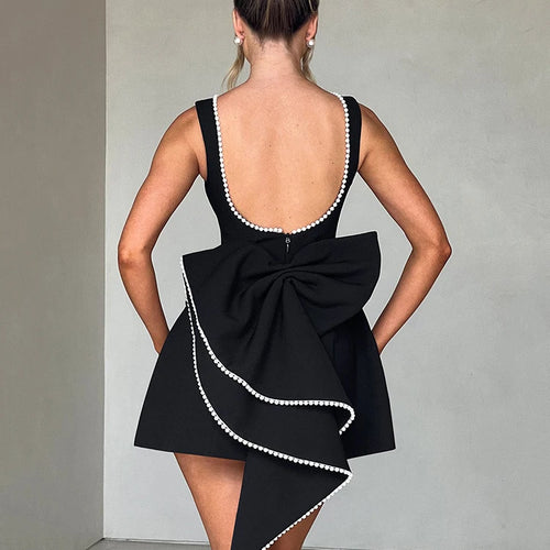 Load image into Gallery viewer, Pearl Bow Backless Sexy Mini Dress For Women Robe Fashion Zipper Sleeveless High Waist A-line Club Party Dress Elegant
