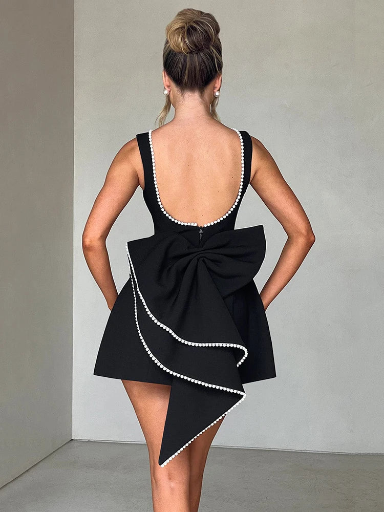 Pearl Bow Backless Sexy Mini Dress For Women Robe Fashion Zipper Sleeveless High Waist A-line Club Party Dress Elegant