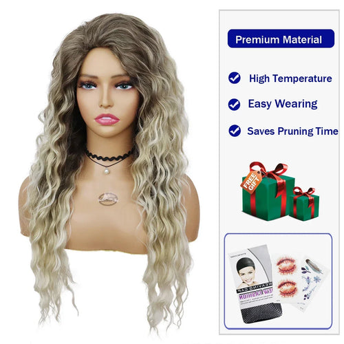 Load image into Gallery viewer, Ash Blonde Wig Synthetic Long Curly Hair Wigs for Women Fluffy Hairstyle Wave Ombre Wig Costume Carnival Party Regular Curly Wig
