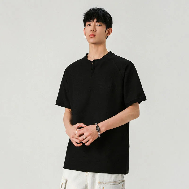 Male T-shirts New Korean Style O-neck Solid Color Buttons Short Sleeved Tops Men's Pullover Tees Summer Simple 2025 9W1249