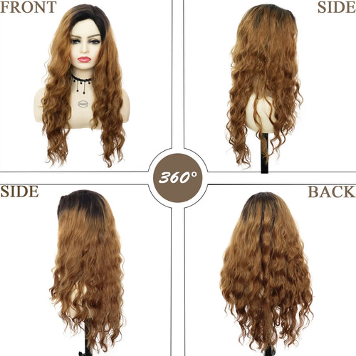 Load image into Gallery viewer, Synthetic 26 Inch Ginger Brown Curly Wig Long Wavy Wigs for Women Ombre Brown Dark Roots Fluffy Wave Hairstyle for Student Girl
