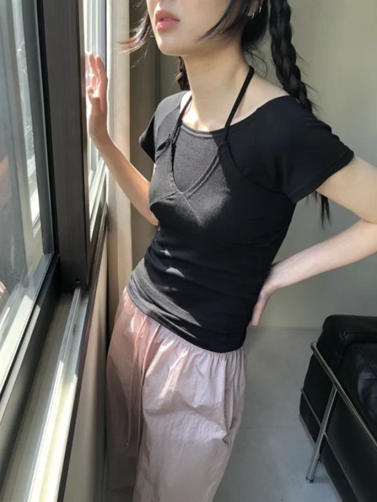 Two Pieces Set Short Sleeve T-shirt Halter Patchwork Slim Sexy Fashion Cropped Top Women Y2k  Aesthetic Summer Solid Casual Tees