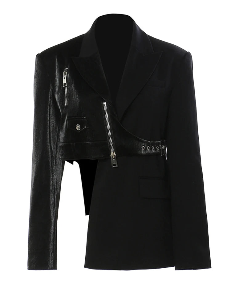 Women Black Irregular Pu Leather Blazer New Lapel Long Sleeve Loose Fit Jacket Fashion Tide Spring Autumn 2025 17A7466