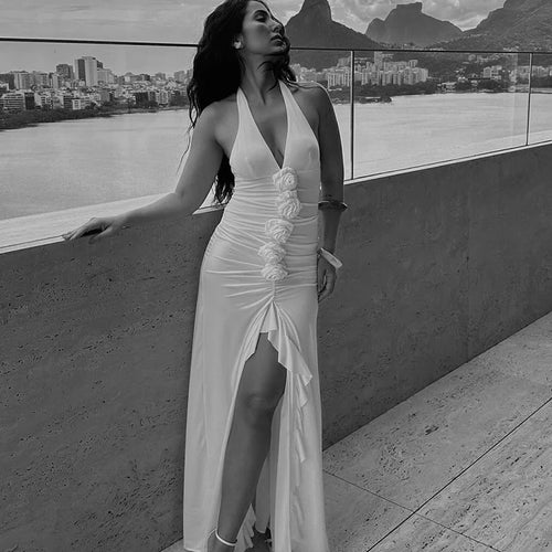 Load image into Gallery viewer, White Floral Ruched Sexy Maxi Dress For Women Gown Halter Deep V Neck Sleeveless Ruffled Bodycon Club Long Dress
