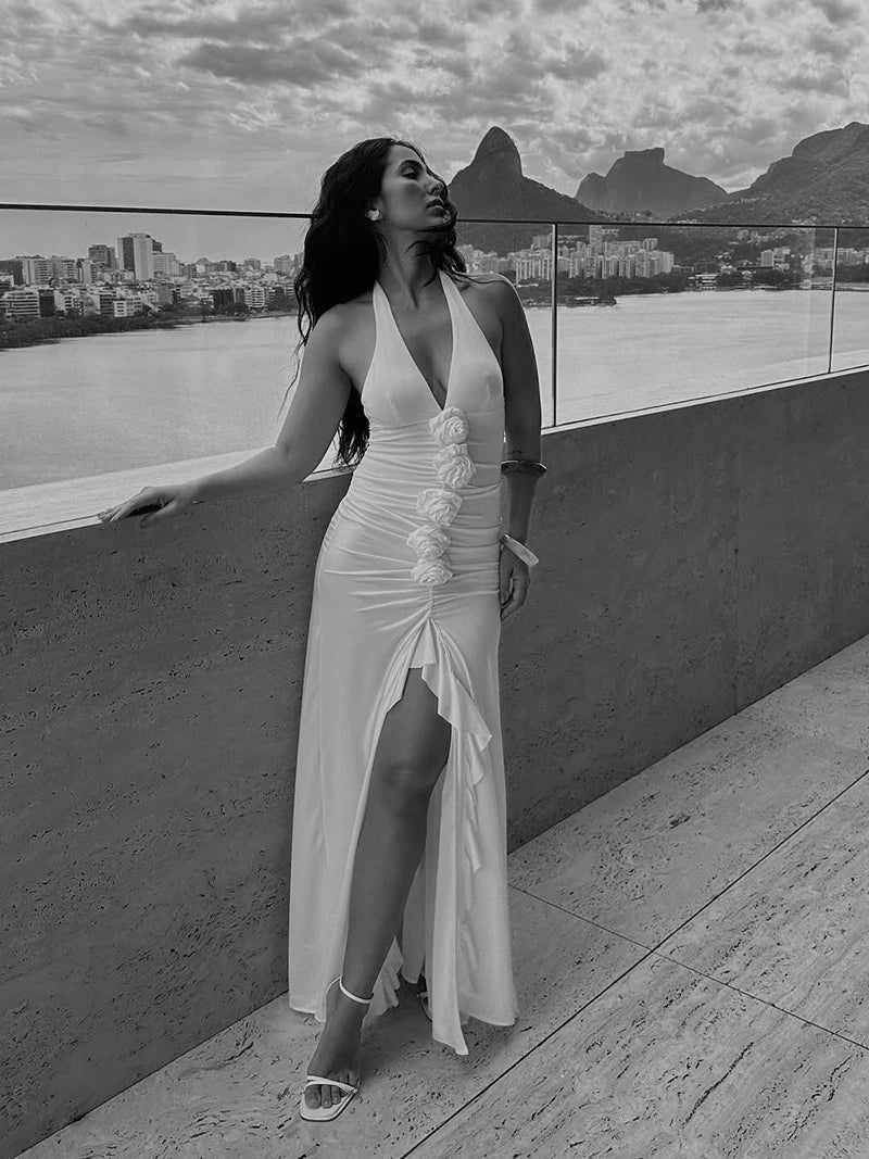 White Floral Ruched Sexy Maxi Dress For Women Gown Halter Deep V Neck Sleeveless Ruffled Bodycon Club Long Dress
