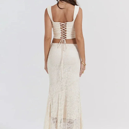 Load image into Gallery viewer, Elegant Women 2 Piece Dress Set 2023 Maxi Wedding Guest Dress Lace Up Crop Top and Maxi Skirt Set Formal Event Dress
