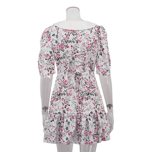 Load image into Gallery viewer, Short Sleeve Floral Mini Dress For Women Robe Turn-down Collar Elegant French Dress Ladies Fashion High Waist Dresses
