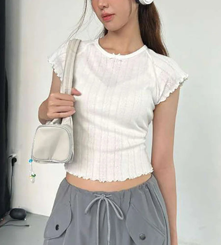 Fairycore Top y2k Clothes Women White Round Neck Cap Sleeve Ribbed Cropped T Shirt with Bow 2000s Clothing Streetwear