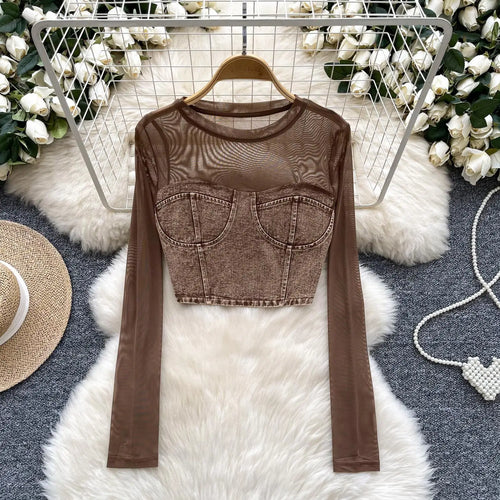 Load image into Gallery viewer, Retro Women Denim Patchwork Mesh Long Sleeved Short Top Autumn Korean Fashion Versatile Elegant Round Neck T Shirt Trend Popular
