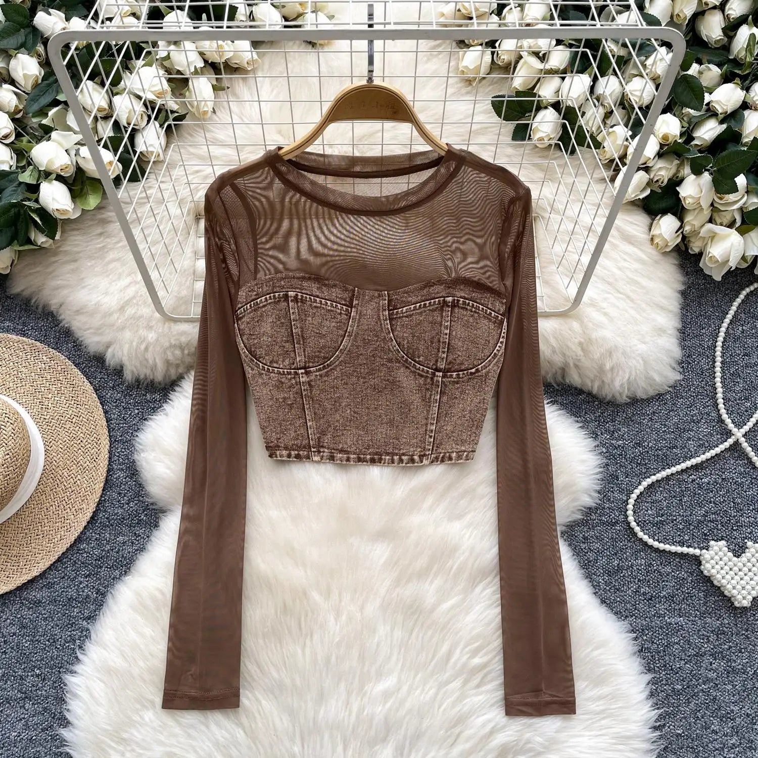 Retro Women Denim Patchwork Mesh Long Sleeved Short Top Autumn Korean Fashion Versatile Elegant Round Neck T Shirt Trend Popular