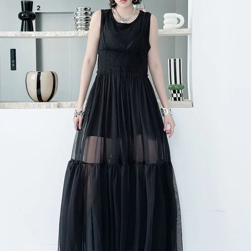 Load image into Gallery viewer, Women Black Mesh Perspective Elegant Spaghetti Strap Dress New V-Neck Sleeveless Fashion Tide Spring Summer  2025 1DJ0845
