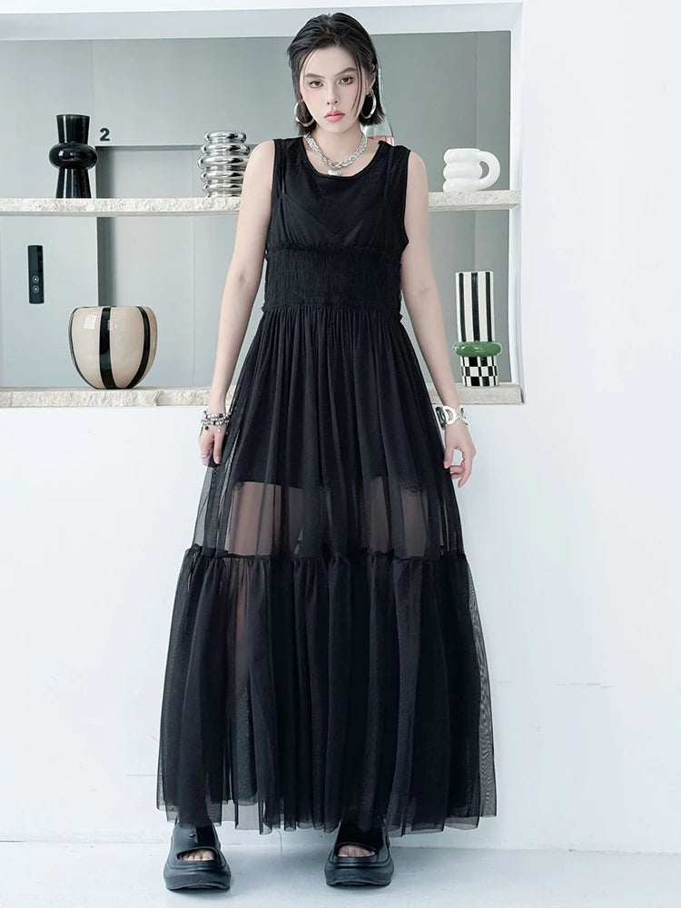 Women Black Mesh Perspective Elegant Spaghetti Strap Dress New V-Neck Sleeveless Fashion Tide Spring Summer  2025 1DJ0845