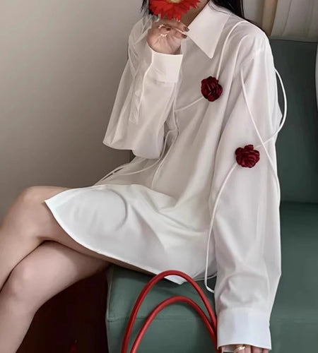 Loose Spliced Appliques Fashion Shirts for Women Lapel Long Sleeves Patchwork Single Breasted Casual Shirt Female