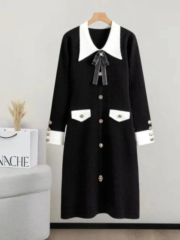 French Patchwork Long Sleeved Lapel Bow Dress Autumn Winter New Temperament Slim Button Knitted A-line Dress Women Chic Clothing