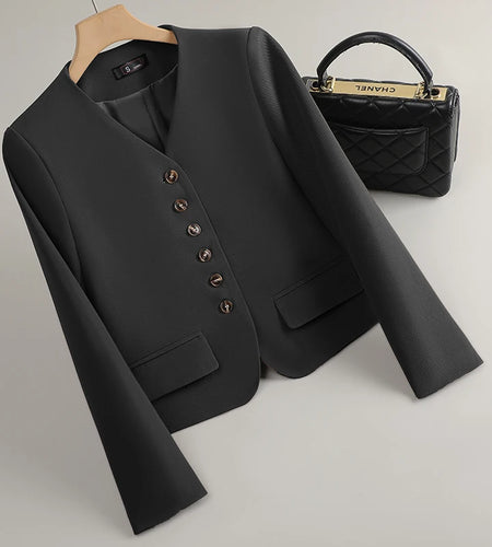 Fashion Women Black Brown V Neck Single Breasted Long Sleeve Blazer Coat 2025 Spring Autumn Beige Slim Office Lady Festival Tops