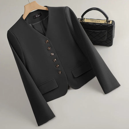 Fashion Women Black Brown V Neck Single Breasted Long Sleeve Blazer Coat 2025 Spring Autumn Beige Slim Office Lady Festival Tops