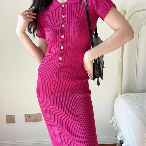Load image into Gallery viewer, French Fashion Women's Solid Short Sleeved Office Lady Knitted Long Dress Summer Single Breasted Slim Wrap Hip Fishtail Dresses

