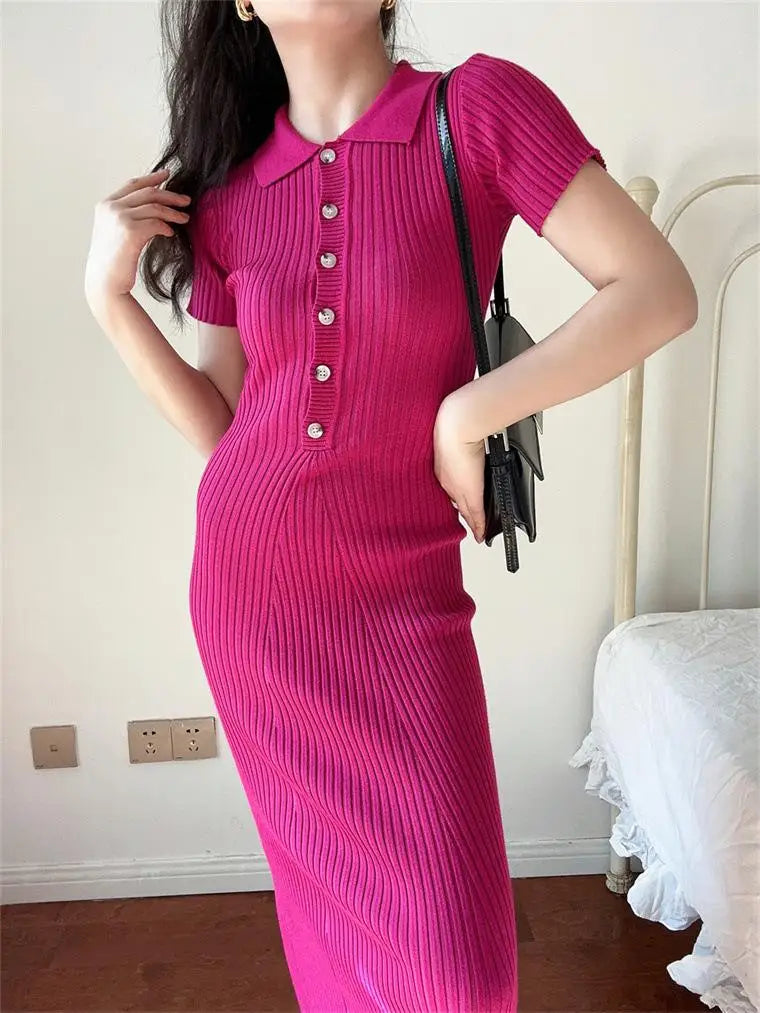 French Fashion Women's Solid Short Sleeved Office Lady Knitted Long Dress Summer Single Breasted Slim Wrap Hip Fishtail Dresses