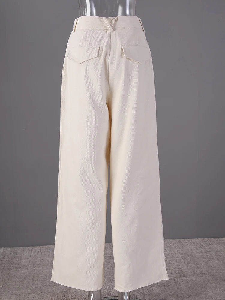 High Waist Beige Brief Pocket Pleated Long Wide Leg Pants New Trousers Women Fashion Tide Spring Autumn 2025 26D5510