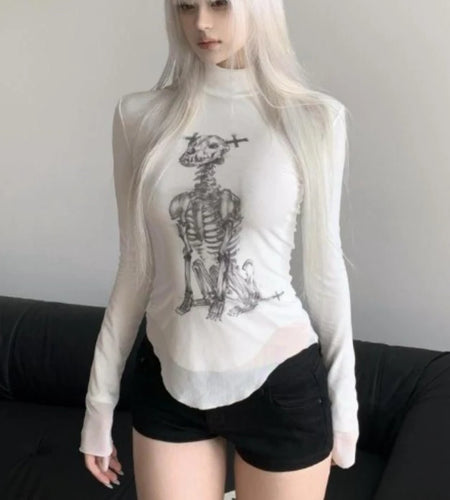 Harajuku T Shirts Women 2024 Ropa Mujer Long Sleeve Tunic Tees Y2k Tops Skull Half High Collar Fashion Tshirts Korean Camisetas