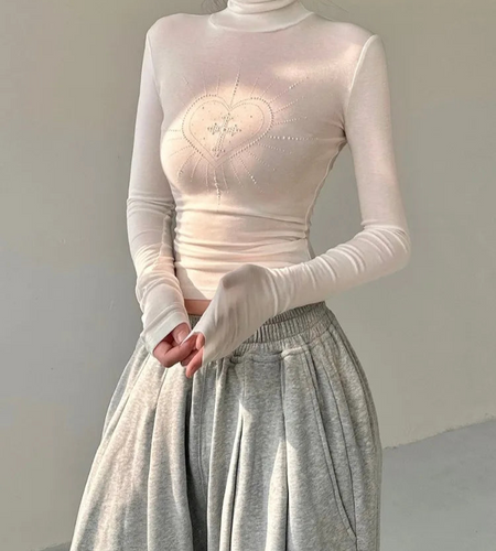 White Woman T Shirts 2024 Ropa Mujer Turtleneck Long Sleeve Tees Y2k Tops Chic Diamond Tshirts Y2k Tops Casual Tunic Camisetas