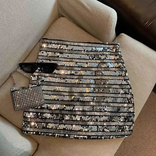 Load image into Gallery viewer, Women Black High Waist Shiny Mini Skirt White Sequins A-line Slim Skirts Y2k Silver Evening Party Skirt Sexy Club Spring Summer
