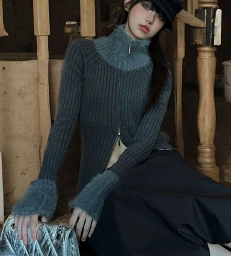 Y2k Aesthetic Patchwork Fur Slim Fit Cardigan Turtleneck Streetwear Grey Crop Tops Double Zippers Autumn Grunge Vintage Sweater