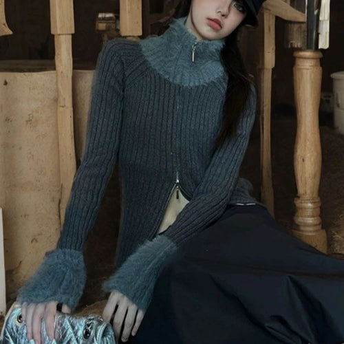 Load image into Gallery viewer, Y2k Aesthetic Patchwork Fur Slim Fit Cardigan Turtleneck Streetwear Grey Crop Tops Double Zippers Autumn Grunge Vintage Sweater
