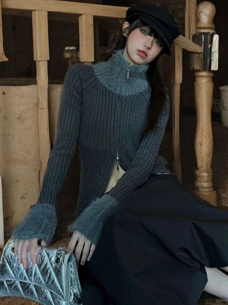 Y2k Aesthetic Patchwork Fur Slim Fit Cardigan Turtleneck Streetwear Grey Crop Tops Double Zippers Autumn Grunge Vintage Sweater