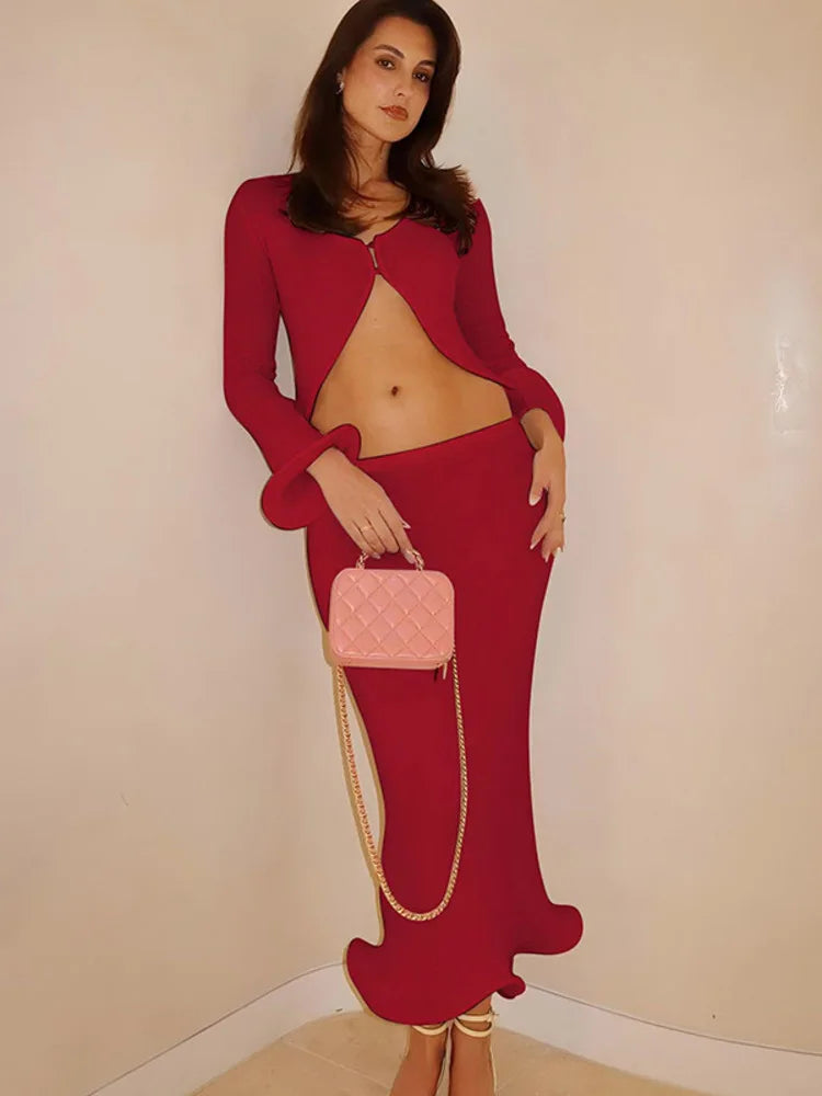 Elegant Sexy Skirt Two Piece Sets Women Autumn New V Neck Long Sleeve T-shirt And Long Skirt Matching Two Piece Sets