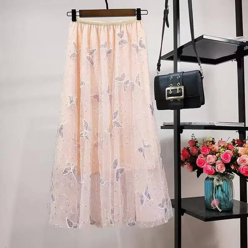Elastic High Waist Skirt Ladies Summer Vintage Jacquard Butterfly Tulle Skirts Womens Fashion Embroidery Mesh Midi Skirt Women