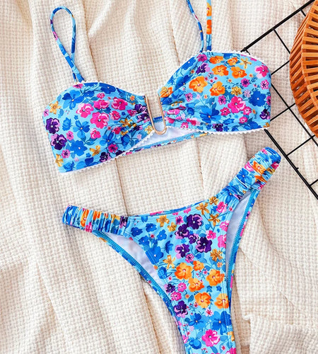 U Neck Floral Swimwear 2024 Bandeau Bikini Set Sexy Women Swimsuit Thong Biquini Brazilian Bathing Suit Beachwear