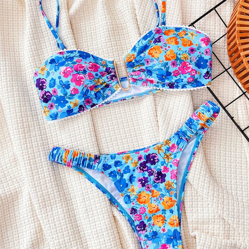 Load image into Gallery viewer, U Neck Floral Swimwear 2024 Bandeau Bikini Set Sexy Women Swimsuit Thong Biquini Brazilian Bathing Suit Beachwear
