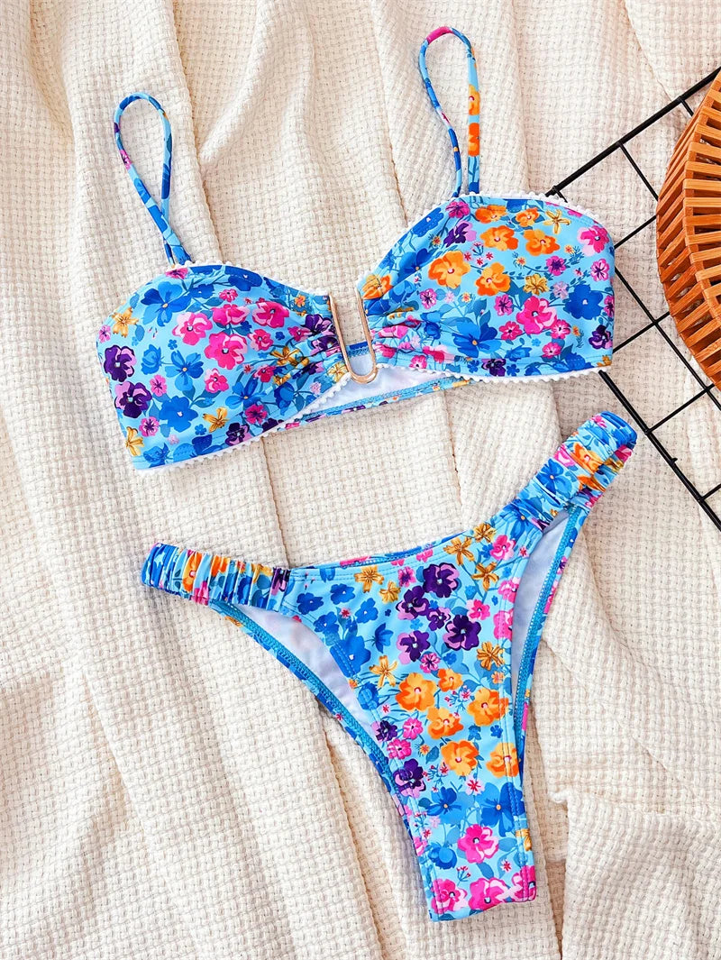 U Neck Floral Swimwear 2024 Bandeau Bikini Set Sexy Women Swimsuit Thong Biquini Brazilian Bathing Suit Beachwear